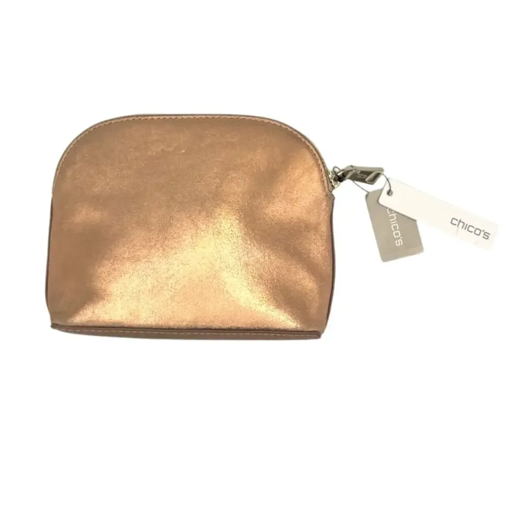 Chico's NWT Rose Gold Structured Shine Leather Pouch Cosmetic Bag Travel Case